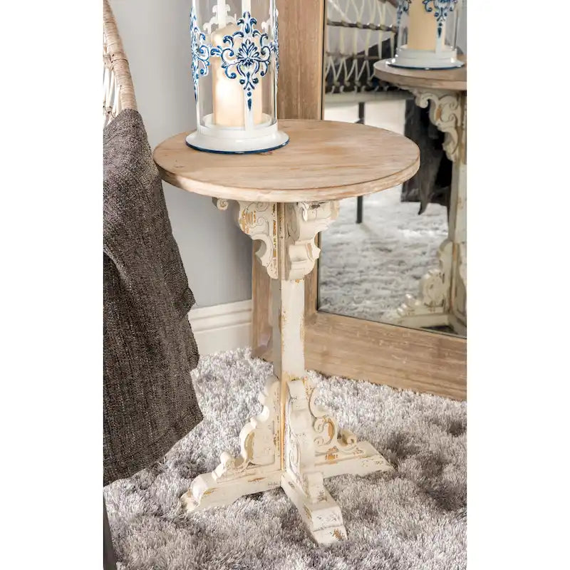 Table d'appoint ou de bout en bois sculpté avec plateau en bois marron - Gris, Blanc, Crème - Roche River Decor