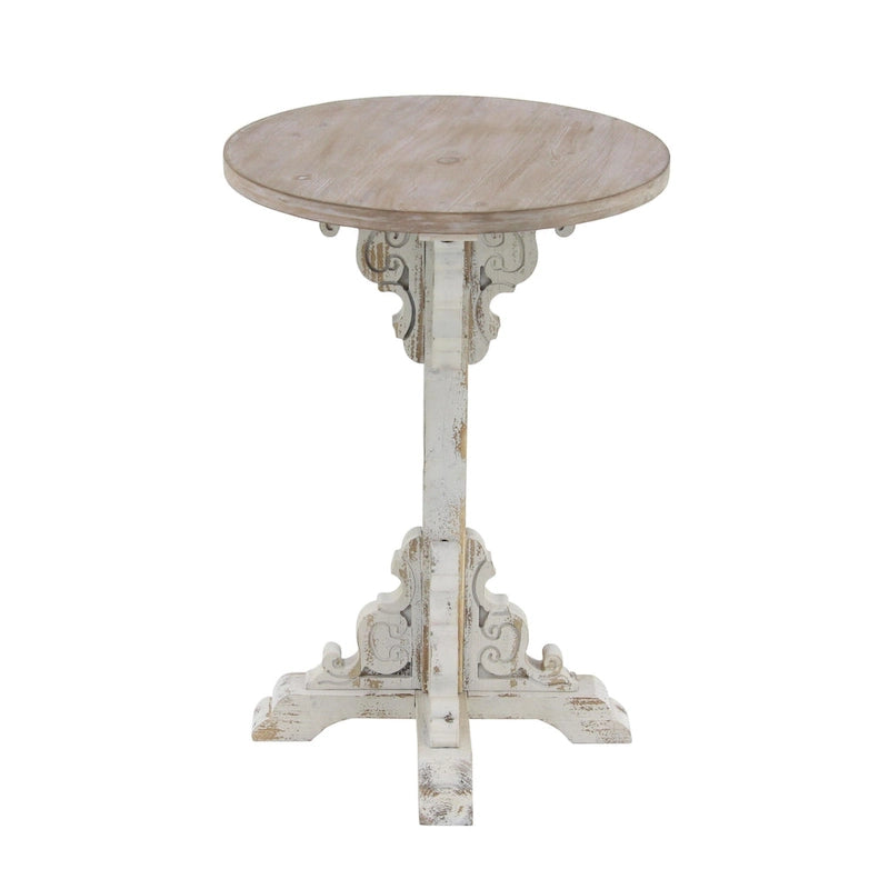 Table d'appoint ou de bout en bois sculpté avec plateau en bois marron - Gris, Blanc, Crème - Roche River Decor