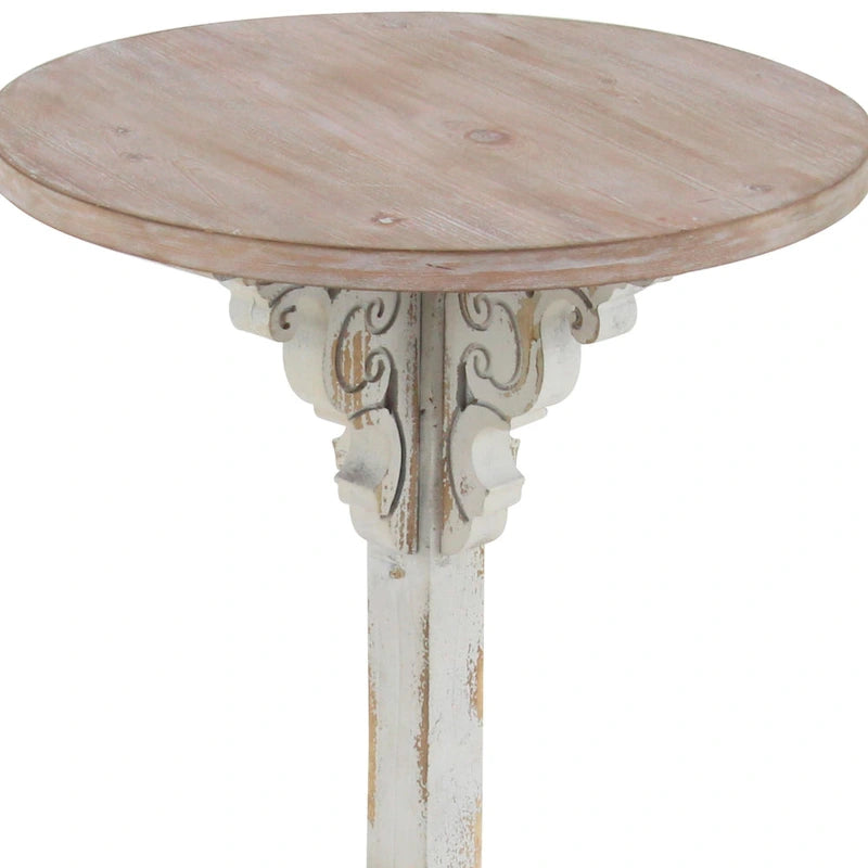 Table d'appoint ou de bout en bois sculpté avec plateau en bois marron - Gris, Blanc, Crème - Roche River Decor