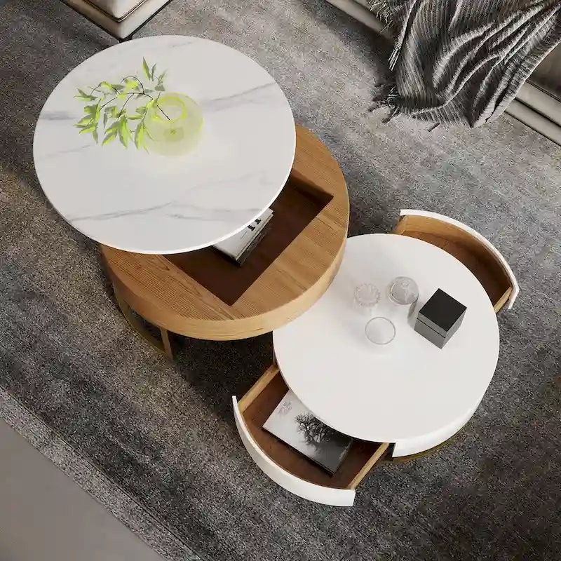 Lot de 2 tables basses rondes relevables avec rangement, 2 tiroirs en pin, plateau pivotant, design gigogne
