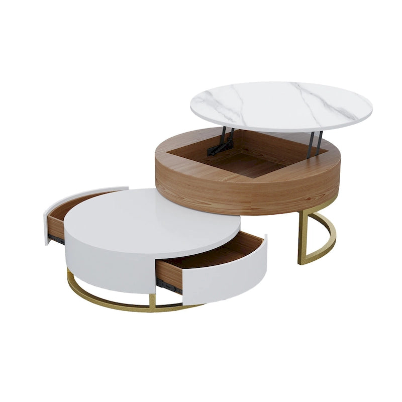 Lot de 2 tables basses rondes relevables avec rangement, 2 tiroirs en pin, plateau pivotant, design gigogne