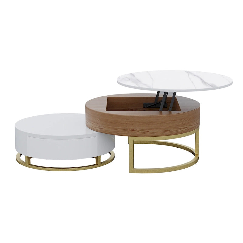 Lot de 2 tables basses rondes relevables avec rangement, 2 tiroirs en pin, plateau pivotant, design gigogne