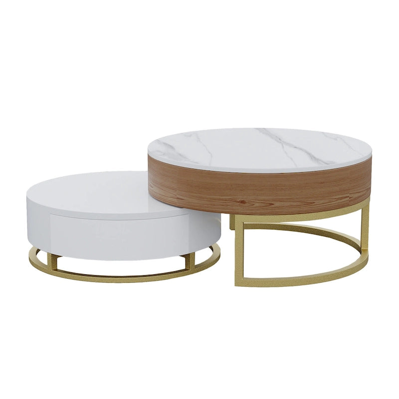 Lot de 2 tables basses rondes relevables avec rangement, 2 tiroirs en pin, plateau pivotant, design gigogne