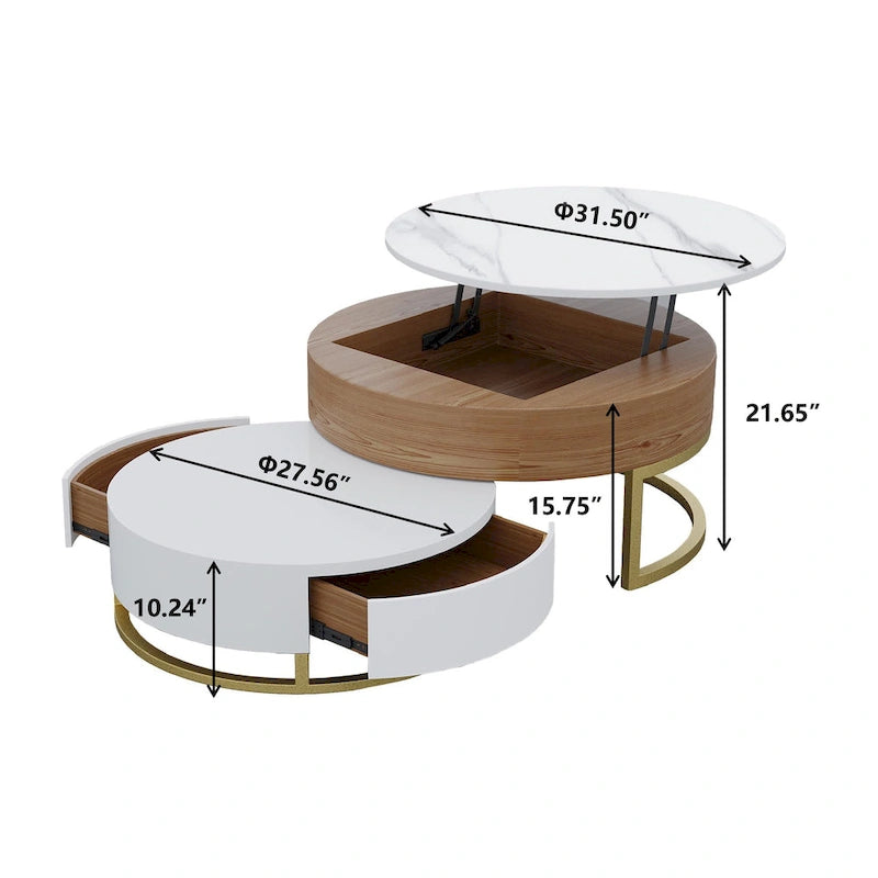 Lot de 2 tables basses rondes relevables avec rangement, 2 tiroirs en pin, plateau pivotant, design gigogne