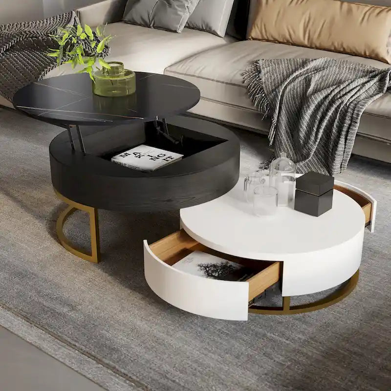 Lot de 2 tables basses rondes relevables avec rangement, 2 tiroirs en pin, plateau pivotant, design gigogne