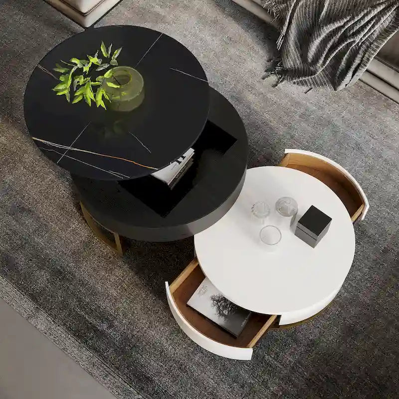 Lot de 2 tables basses rondes relevables avec rangement, 2 tiroirs en pin, plateau pivotant, design gigogne