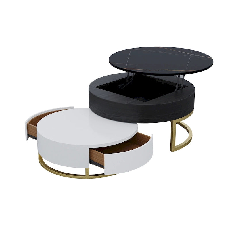 Lot de 2 tables basses rondes relevables avec rangement, 2 tiroirs en pin, plateau pivotant, design gigogne