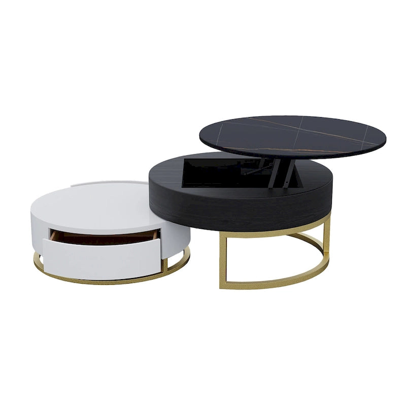 Lot de 2 tables basses rondes relevables avec rangement, 2 tiroirs en pin, plateau pivotant, design gigogne