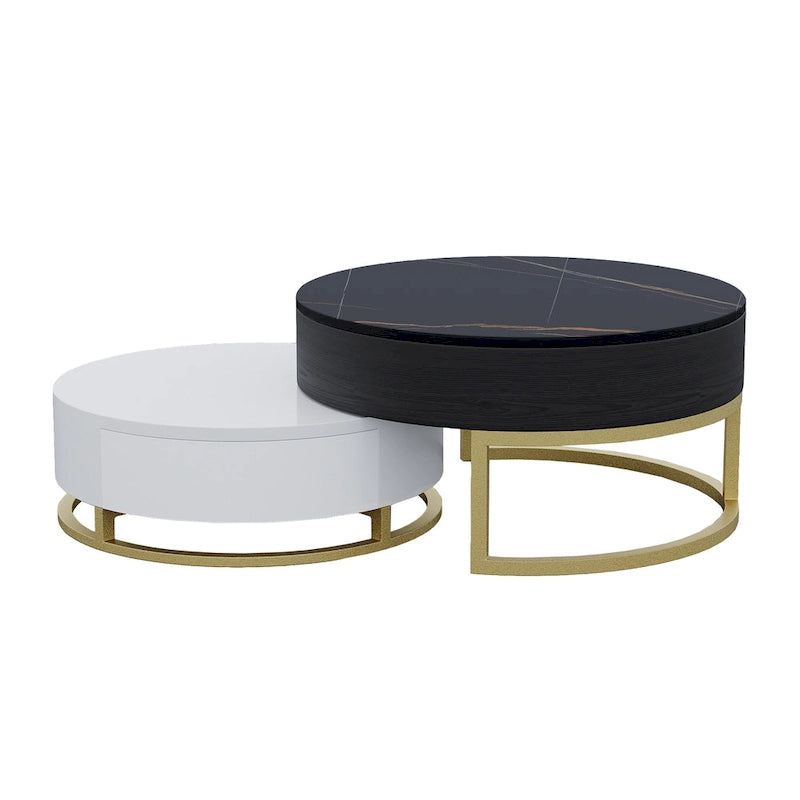 Lot de 2 tables basses rondes relevables avec rangement, 2 tiroirs en pin, plateau pivotant, design gigogne