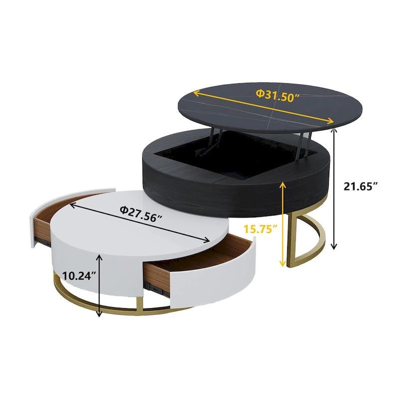 Lot de 2 tables basses rondes relevables avec rangement, 2 tiroirs en pin, plateau pivotant, design gigogne