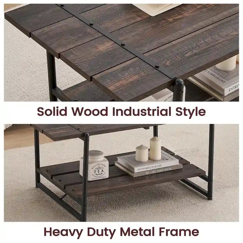 Table basse en bois industrielle moderne à 2 niveaux de 104 cm avec étagère de rangement