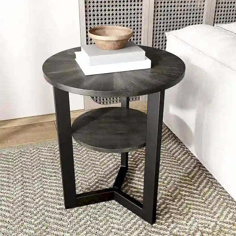 Table d'appoint en bois massif à 2 niveaux, table de chevet ronde - 19,3 x 24