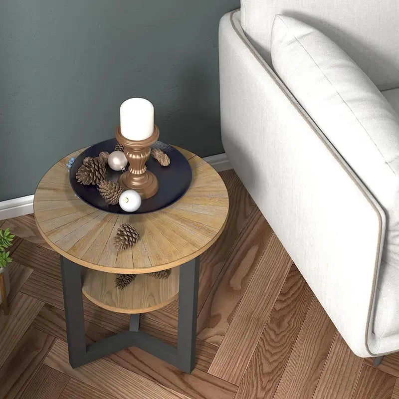 Table d'appoint en bois massif à 2 niveaux, table de chevet ronde - 19,3 x 24