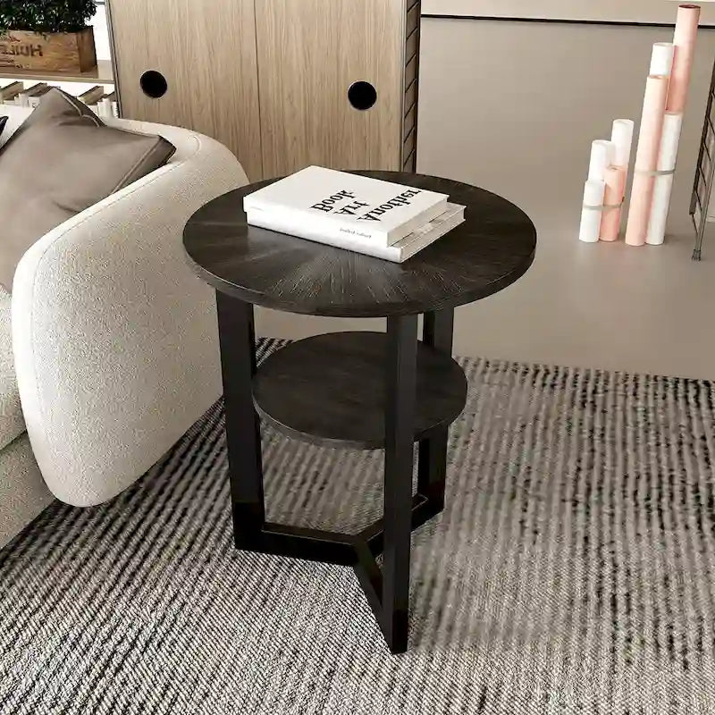 Table d'appoint en bois massif à 2 niveaux, table de chevet ronde - 19,3 x 24
