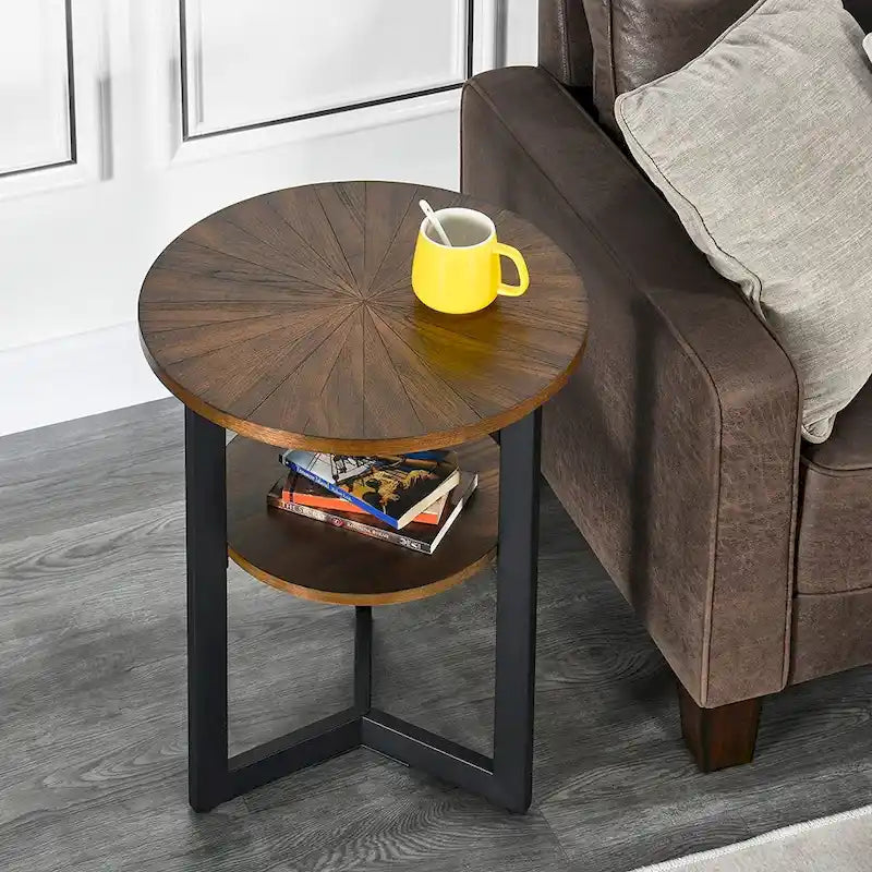 Table d'appoint en bois massif à 2 niveaux, table de chevet ronde - 19,3 x 24