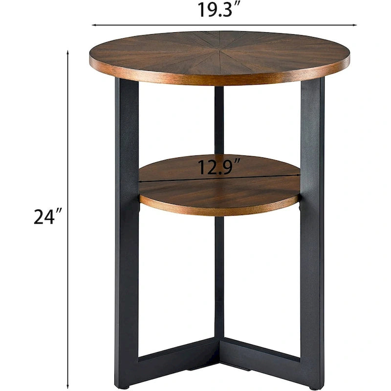 Table d'appoint en bois massif à 2 niveaux, table de chevet ronde - 19,3 x 24