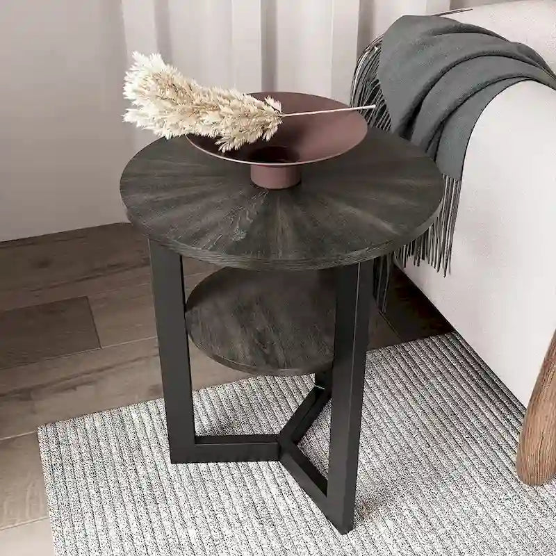 Table d'appoint en bois massif à 2 niveaux, table de chevet ronde - 19,3 x 24