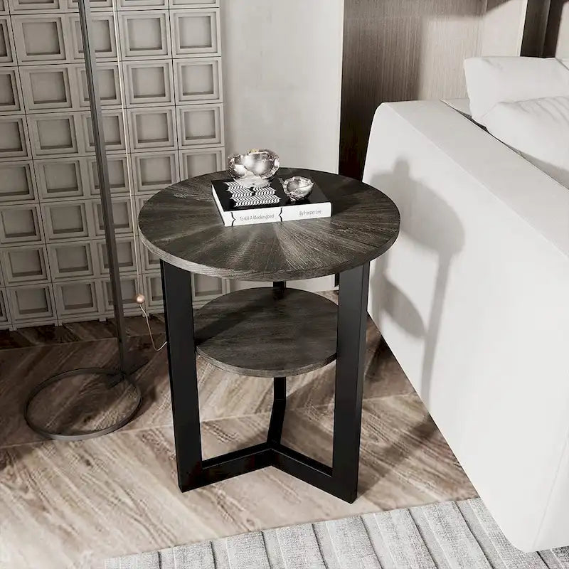 Table d'appoint en bois massif à 2 niveaux, table de chevet ronde - 19,3 x 24
