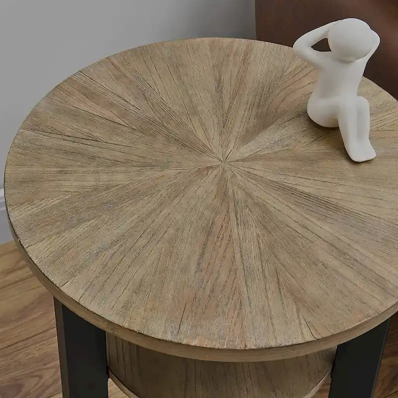 Table d'appoint en bois massif à 2 niveaux, table de chevet ronde - 19,3 x 24