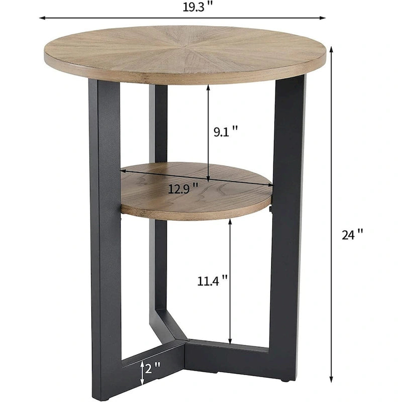 Table d'appoint en bois massif à 2 niveaux, table de chevet ronde - 19,3 x 24