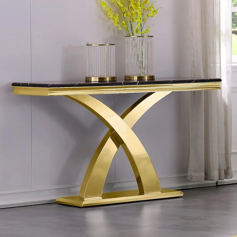Console rectangulaire de 50 pouces avec piètement en X luxueux en acier inoxydable et plateau haute brillance