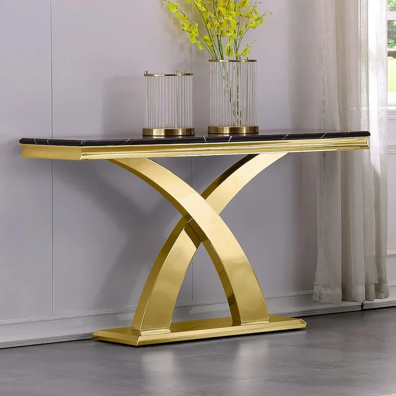 Console rectangulaire de 50 pouces avec piètement en X luxueux en acier inoxydable et plateau haute brillance