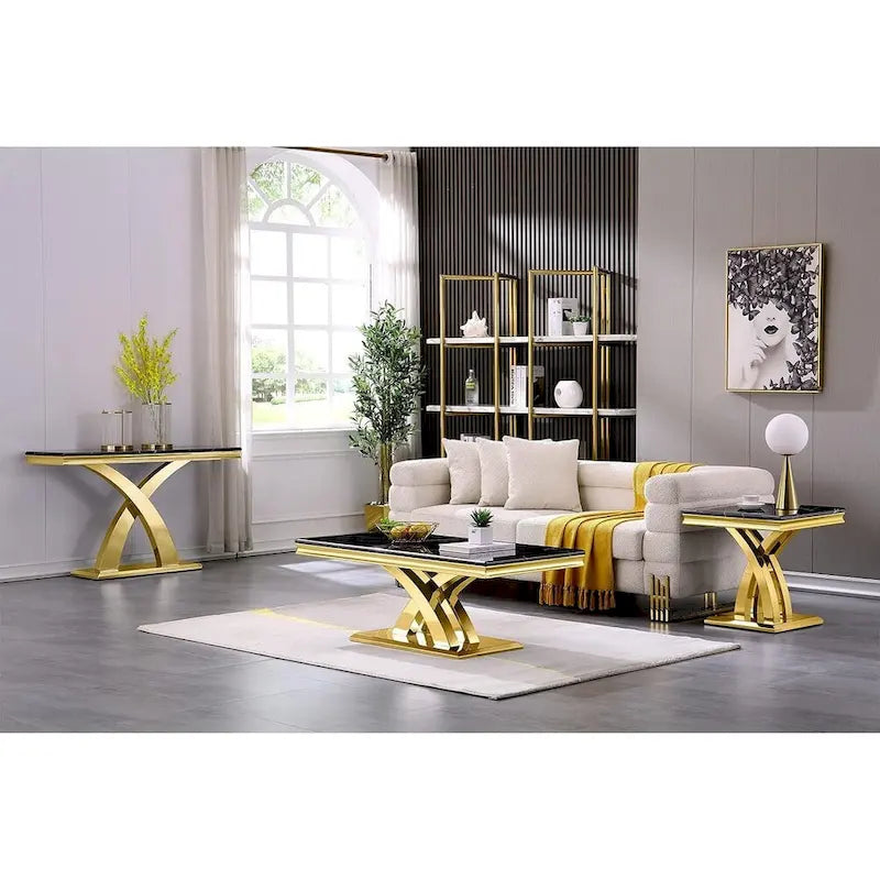 Console rectangulaire de 50 pouces avec piètement en X luxueux en acier inoxydable et plateau haute brillance