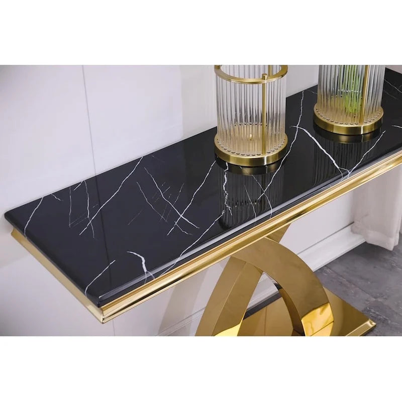 Console rectangulaire de 50 pouces avec piètement en X luxueux en acier inoxydable et plateau haute brillance