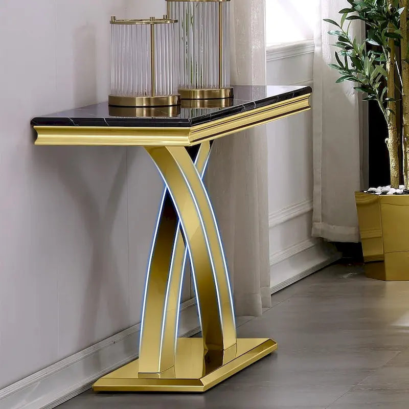 Console rectangulaire de 50 pouces avec piètement en X luxueux en acier inoxydable et plateau haute brillance