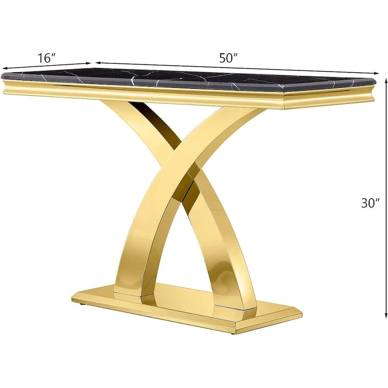 Console rectangulaire de 50 pouces avec piètement en X luxueux en acier inoxydable et plateau haute brillance