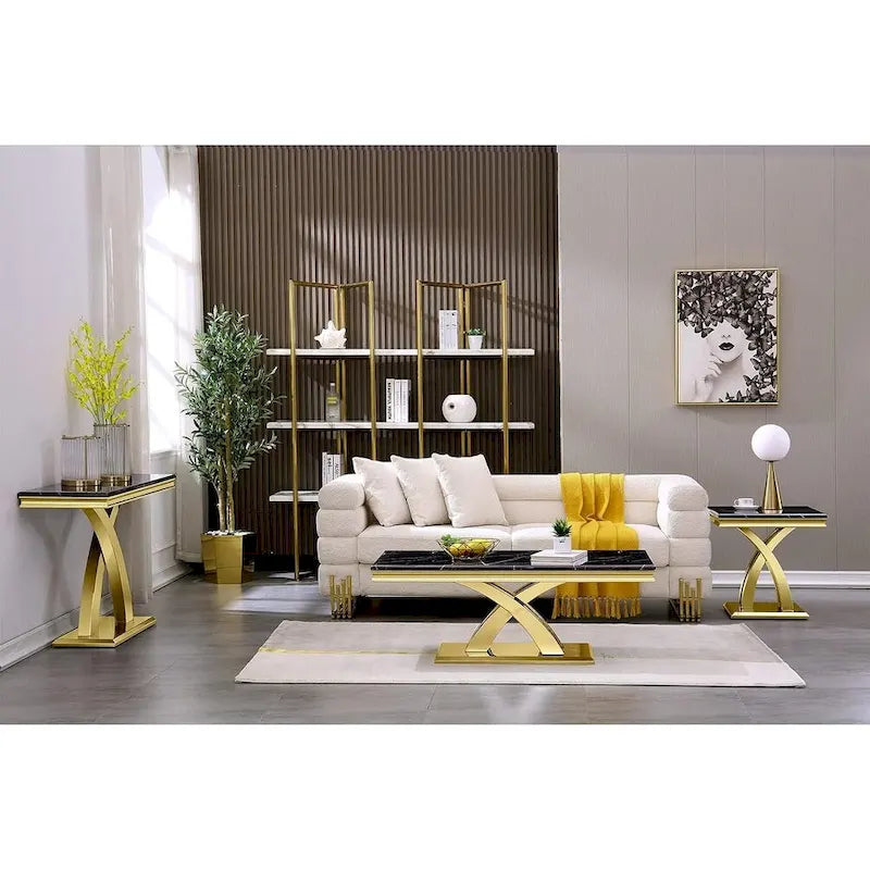 Console rectangulaire de 50 pouces avec piètement en X luxueux en acier inoxydable et plateau haute brillance