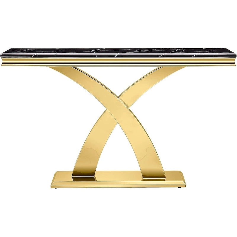 Console rectangulaire de 50 pouces avec piètement en X luxueux en acier inoxydable et plateau haute brillance