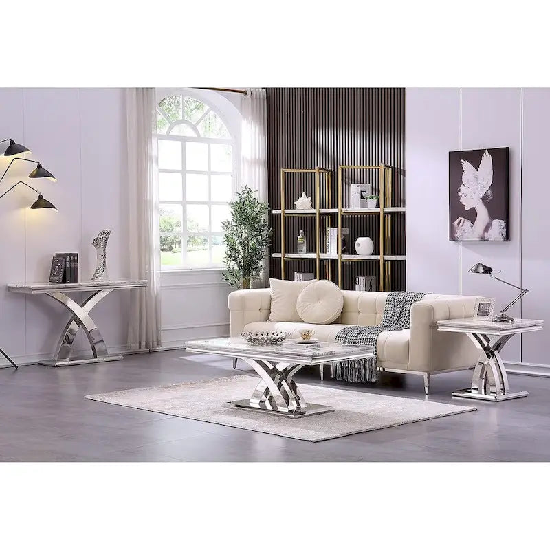 Console rectangulaire de 50 pouces avec piètement en X luxueux en acier inoxydable et plateau haute brillance
