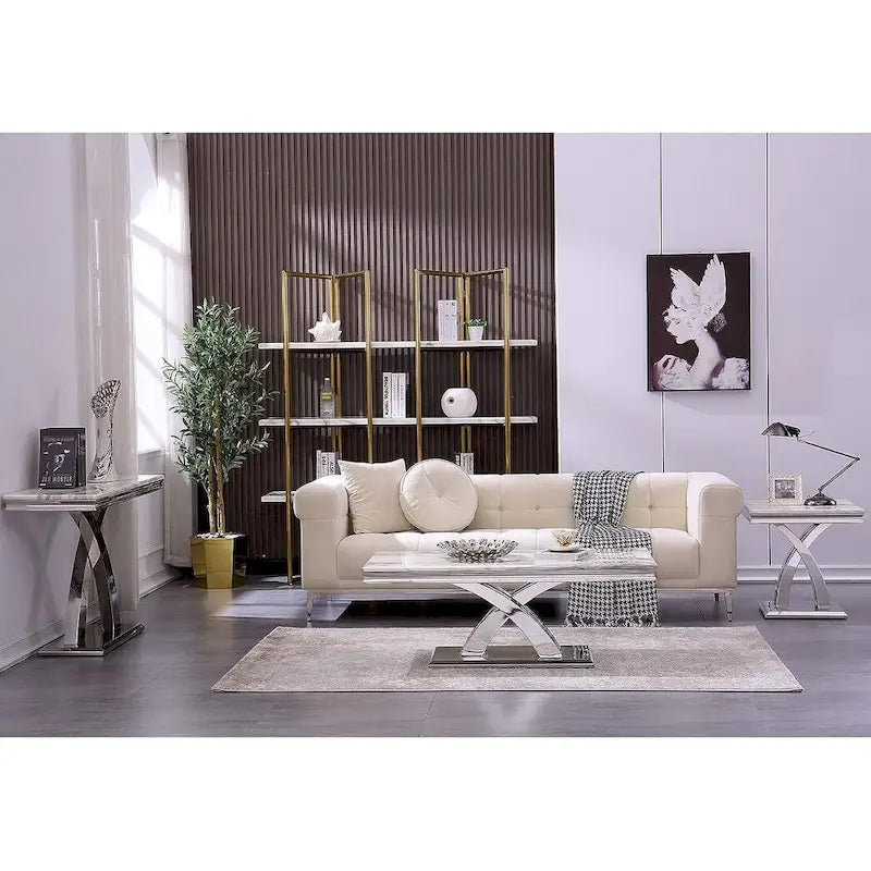 Console rectangulaire de 50 pouces avec piètement en X luxueux en acier inoxydable et plateau haute brillance