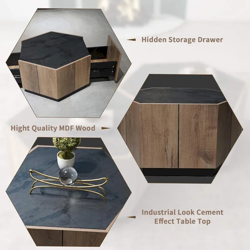 Table basse hexagonale, table basse résistante aux rayures avec tiroirs