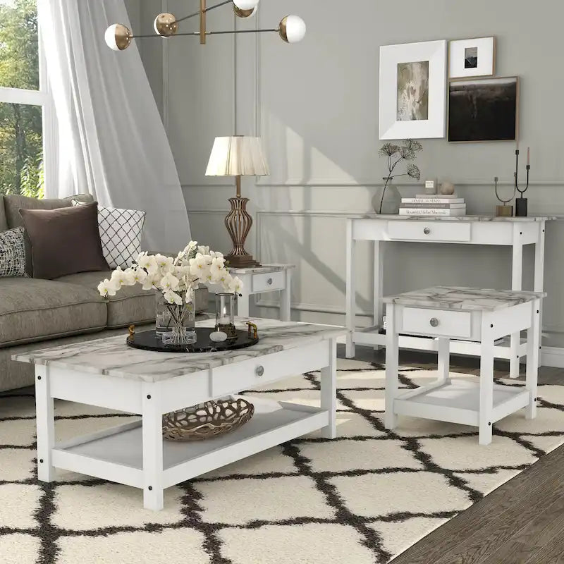 DH BASIC Ensemble table basse 4 pièces en bois d'hévéa avec étagères ouvertes et tiroir par Denhour