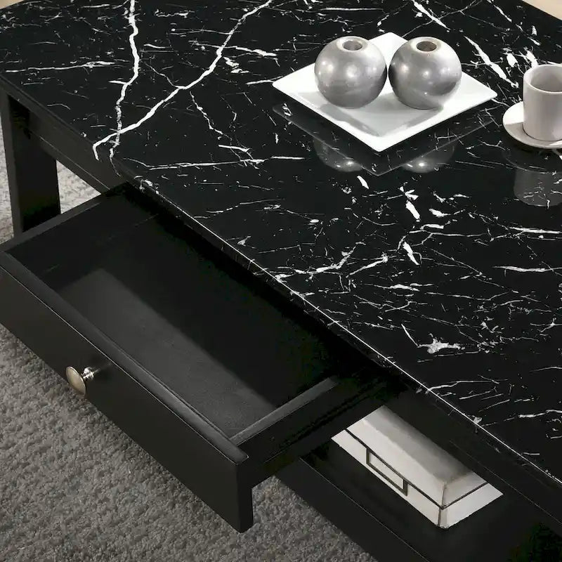DH BASIC Ensemble table basse 4 pièces en bois d'hévéa avec étagères ouvertes et tiroir par Denhour