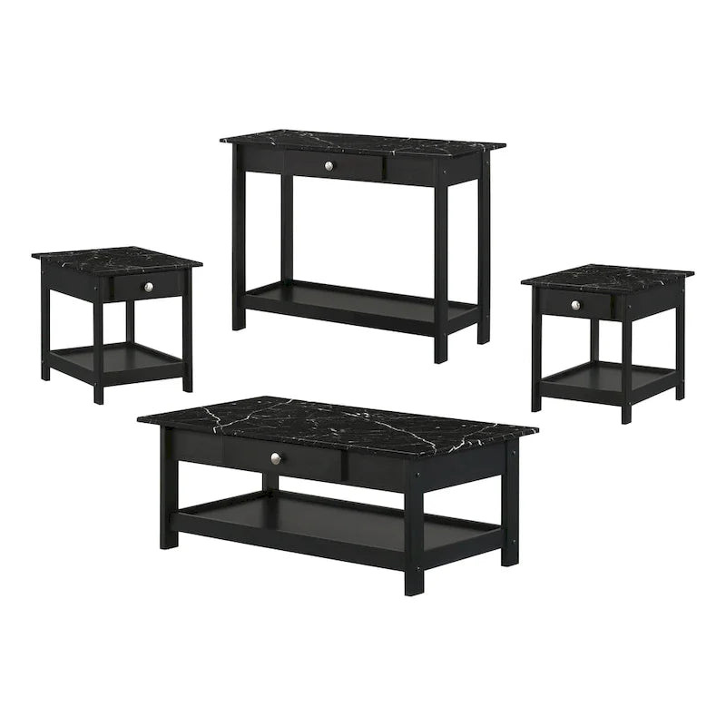 DH BASIC Ensemble table basse 4 pièces en bois d'hévéa avec étagères ouvertes et tiroir par Denhour