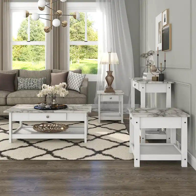 DH BASIC Ensemble table basse 4 pièces en bois d'hévéa avec étagères ouvertes et tiroir par Denhour