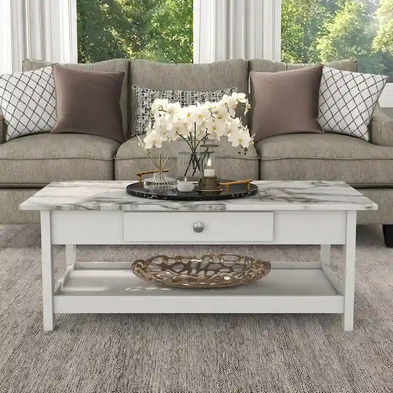 DH BASIC Ensemble table basse 4 pièces en bois d'hévéa avec étagères ouvertes et tiroir par Denhour