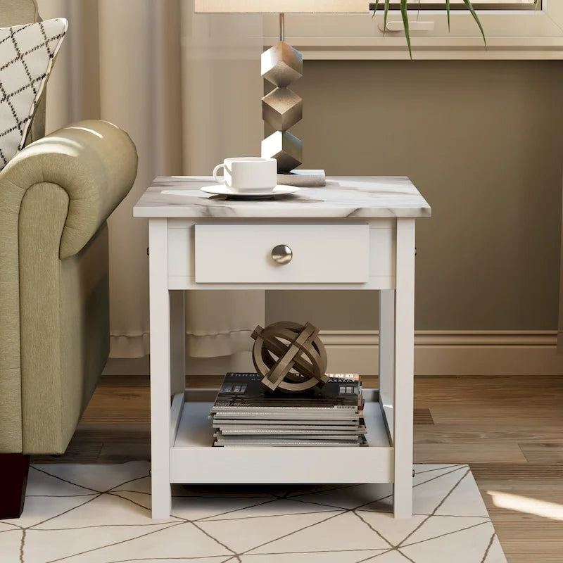 DH BASIC Ensemble table basse 4 pièces en bois d'hévéa avec étagères ouvertes et tiroir par Denhour