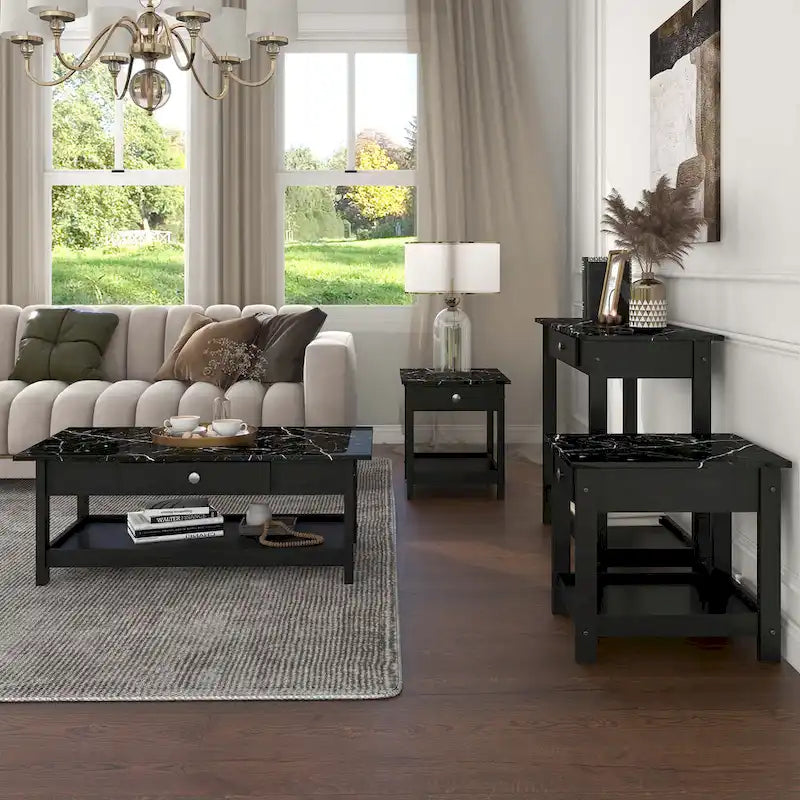 DH BASIC Ensemble table basse 4 pièces en bois d'hévéa avec étagères ouvertes et tiroir par Denhour
