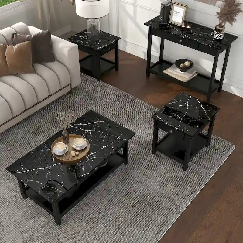 DH BASIC Ensemble table basse 4 pièces en bois d'hévéa avec étagères ouvertes et tiroir par Denhour