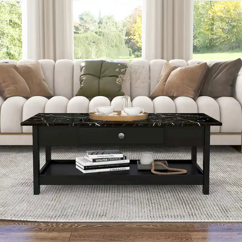 DH BASIC Ensemble table basse 4 pièces en bois d'hévéa avec étagères ouvertes et tiroir par Denhour