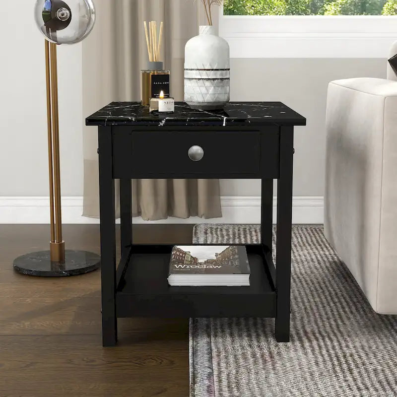 DH BASIC Ensemble table basse 4 pièces en bois d'hévéa avec étagères ouvertes et tiroir par Denhour