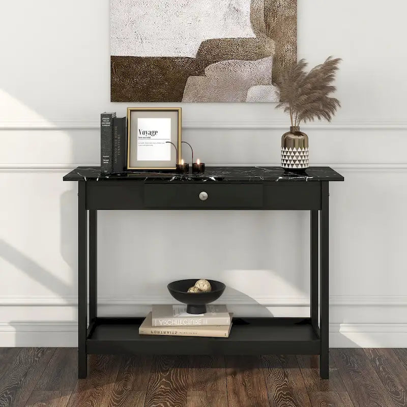 DH BASIC Ensemble table basse 4 pièces en bois d'hévéa avec étagères ouvertes et tiroir par Denhour
