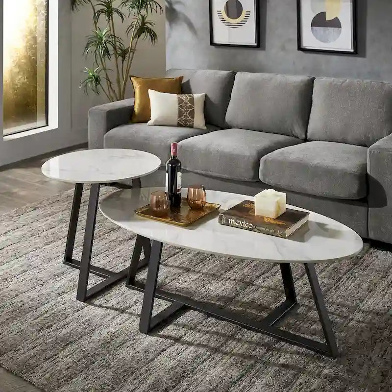 Tables basses Jurmala en pierre frittée brillante avec piètement en métal gris par iNSPIRE Q Modern