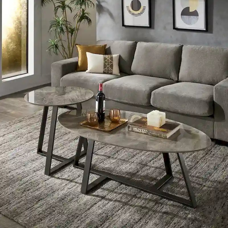 Tables basses Jurmala en pierre frittée brillante avec piètement en métal gris par iNSPIRE Q Modern