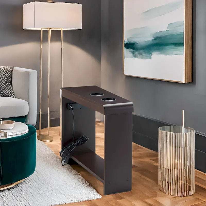 Table d'appoint étroite avec station de charge - Table de chevet avec rangement, 2 prises de courant et 2 ports USB