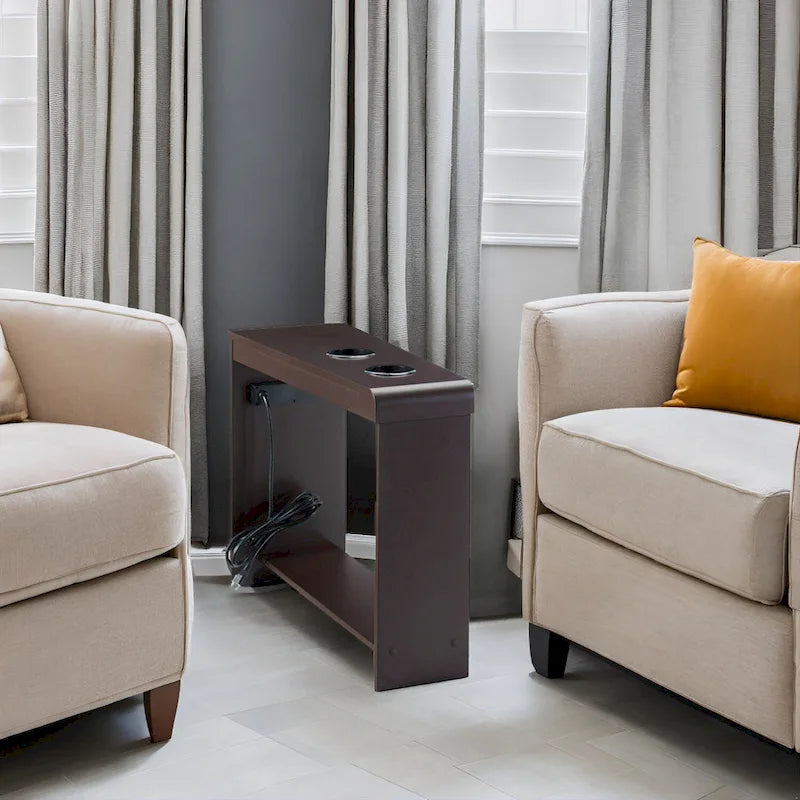 Table d'appoint étroite avec station de charge - Table de chevet avec rangement, 2 prises de courant et 2 ports USB